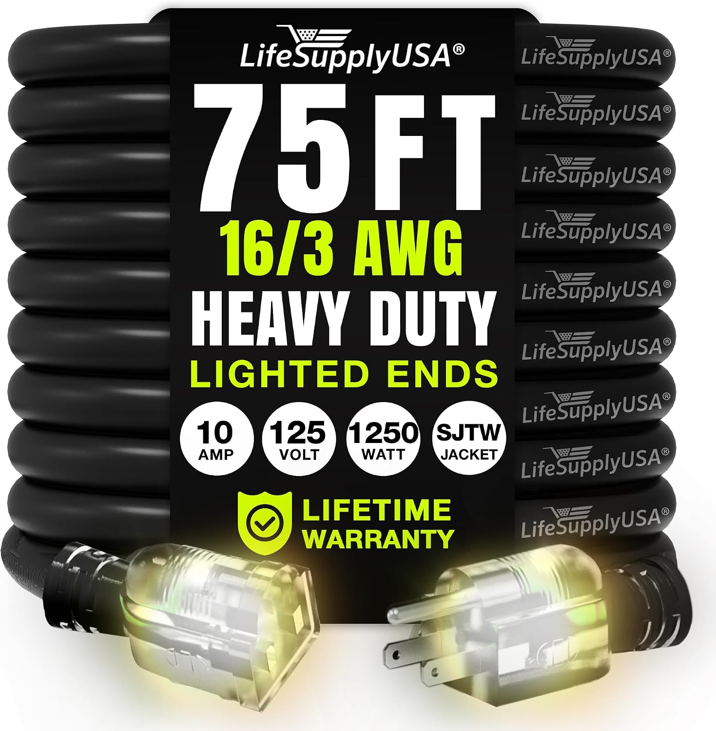 25ft Outdoor/Indoor Extension Cord 12/3 Gauge Extra Heavy Duty 3 Prong SJTW, Waterproof, Flexible Cold-Resistant Long Power Cord,15A 125V 1875W, Yellow by LifeSupplyUSA