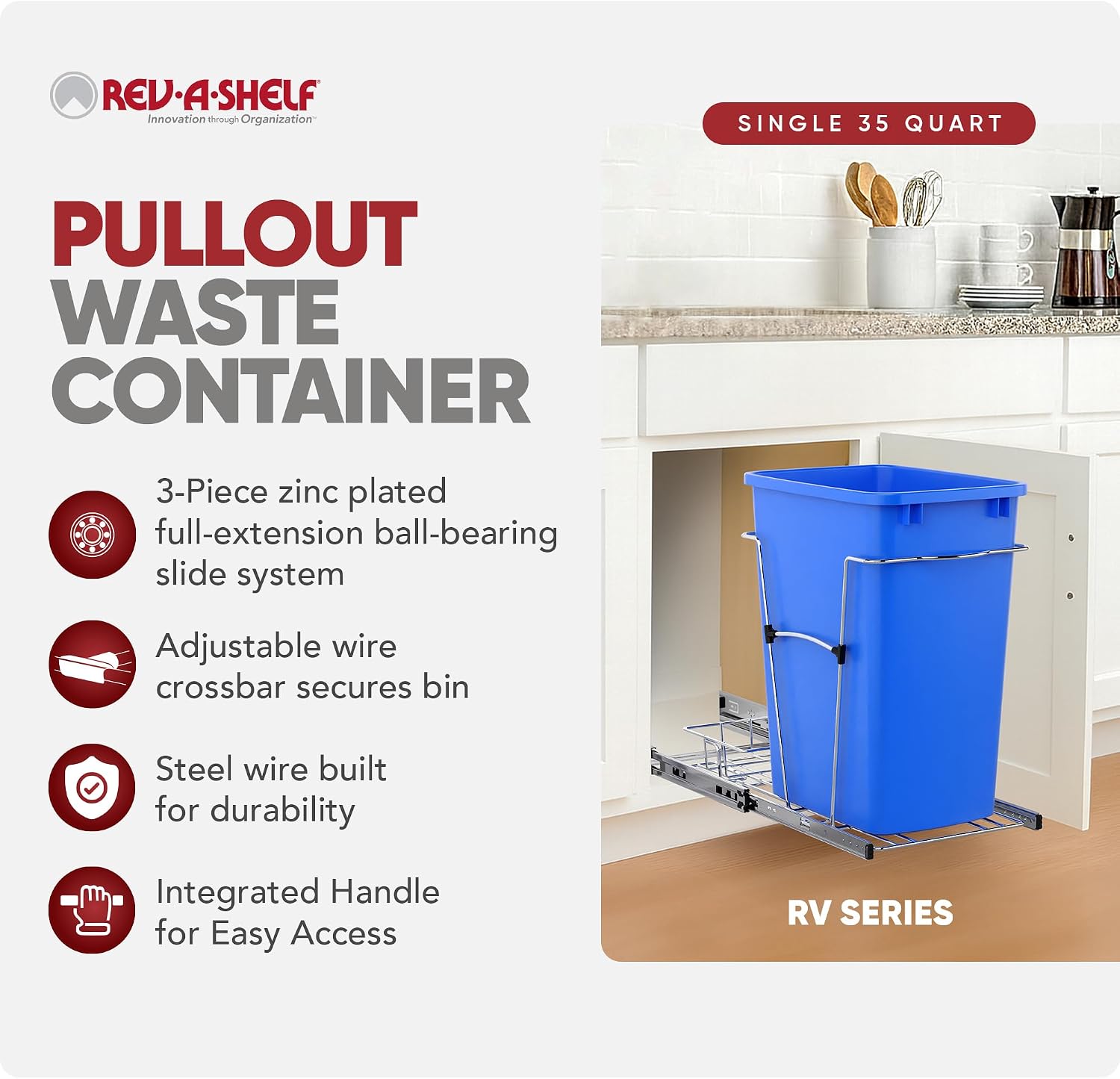 Rev-A-Shelf Pullout Trash Can for Kitchen Cabinets, Black Waste Bin, 35 Qt | Large Capacity Garbage/ Recycling Waste Container, Heavy Gauge Metal Wire Construction w/Full Extension Slides, RV-12KD-18C S