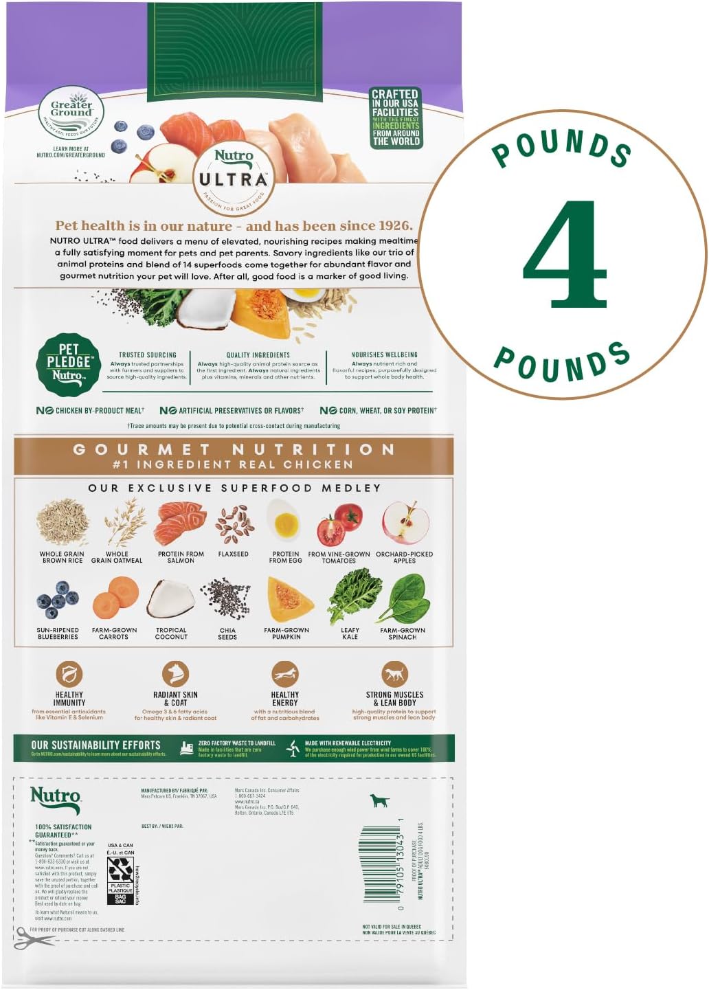 Nutro Ultra Dry Dog Food, Chicken, Lamb & Salmon Recipe, 30 lb | Trio of proteins, blend of 14 superfoods, omega 3 & 6 for radiant coat, antioxidants for immunity, natural fiber, non-GMO