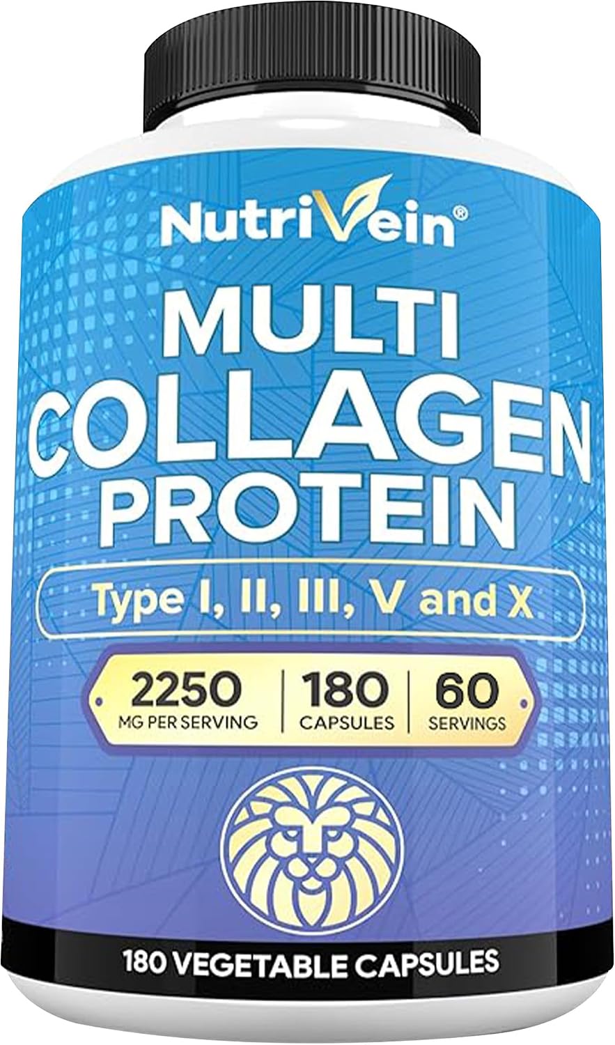 Nutrivein Multi Collagen Peptides Pills 2250 mg - 180 Capsules, 5 Types | Types I, II, III, V, X hydrolyzed peptides for women and men. Supports hair