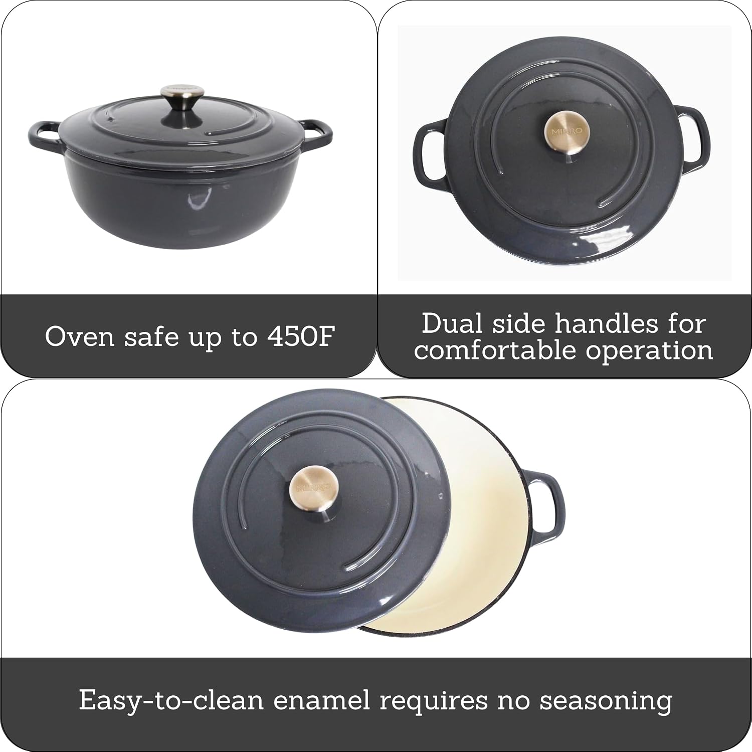 MIRRO 4.8qt Cast Iron Enamel Dutch Oven, Gray