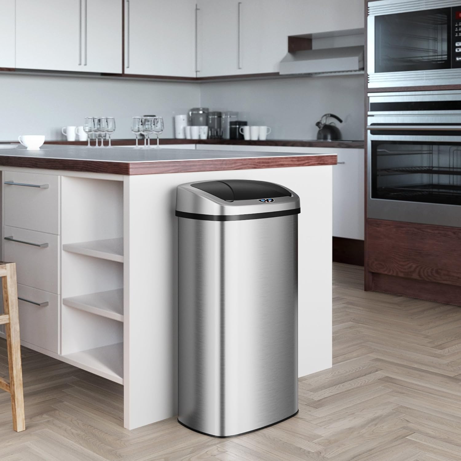 iTouchless 50 Liter / 13 Gallon Kitchen Trash Can with Lid & Deodorizer – Motion Sensor Semi-Round Stainless Steel Garbage Bin for Home, Office, or Garage – Slim, Wide Opening Large Capacity Design