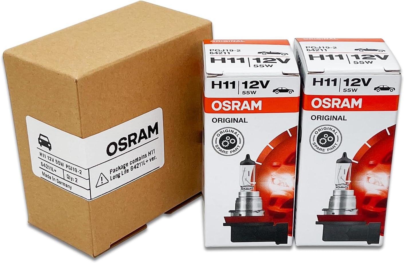 OSRAM H11 OEM Original Standard Halogen Headlight Bulbs 12V 55W 64211L+ (Long Life) Made in Germany | Pack of 2 | Long Life, 3200K, 12V, 55W