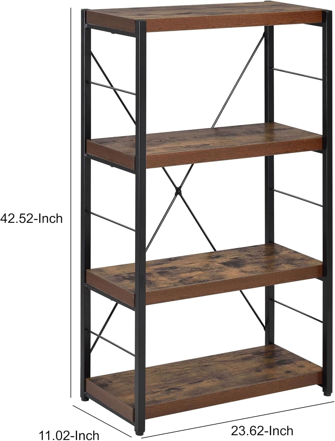 Benjara Four Tiered Metal Framed Wooden Bookshelf, Brown and Black
