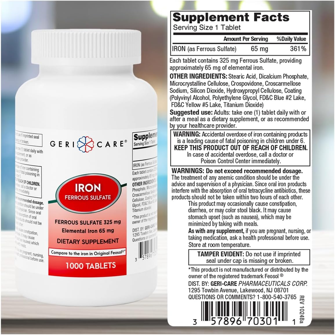 GeriCare Ferrous Sulfate Tablets 325mg, Elemental Iron 65 mg High Potency Iron Supplement | Dietary Supplement 100 Count. (Pack of 1)