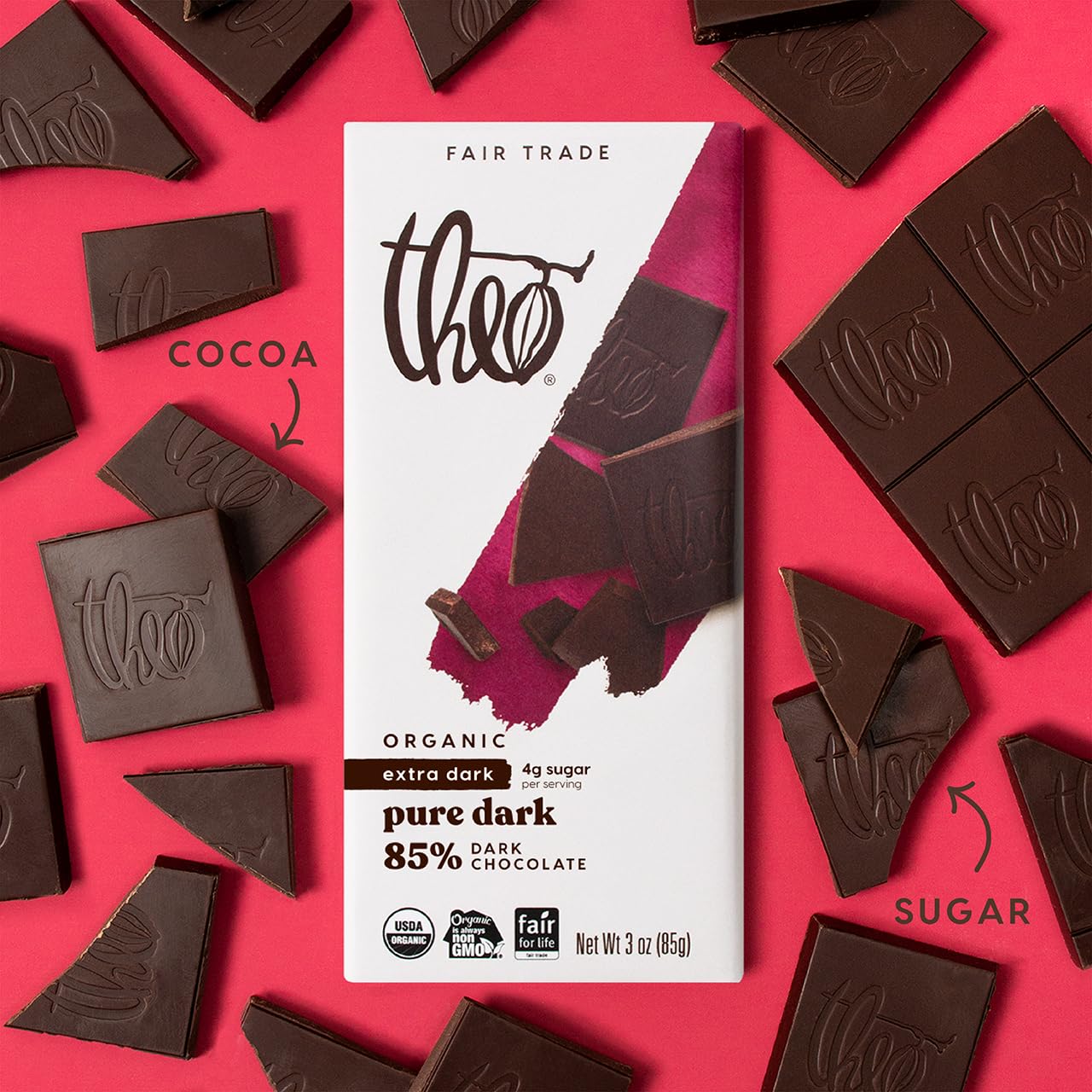 Theo Chocolate Pure Organic Dark Chocolate Bar 85% Cacao, 12 Pack | Vegan, Fair Trade
