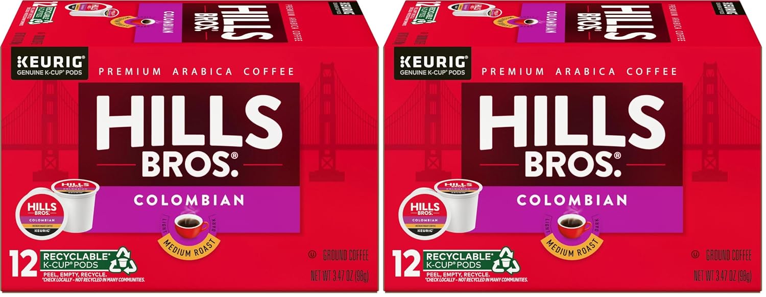 Hills Bros Single Serve Coffee Pods, 100% Colombian Ground Coffee, Medium Roast, 12 Count – Keurig Compatible, Roasted 100% Arabica Beans, Smooth Balanced Flavor