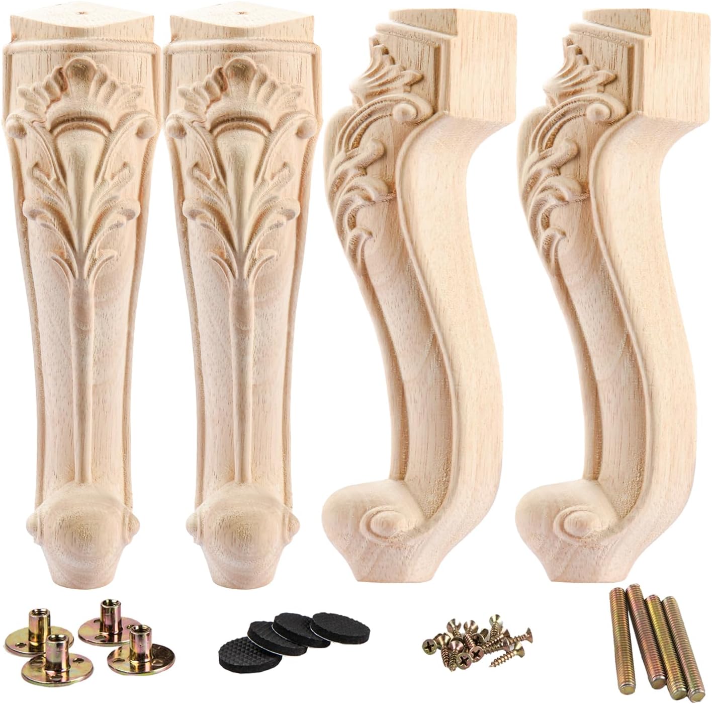 La Vane 6 inch / 15cm Wooden Furniture Legs, Set of 4 European Style Solid Wood Carving Furniture Replacement Feet Decoration for Sofa Cabinet Wardrobe Table Loveseat
