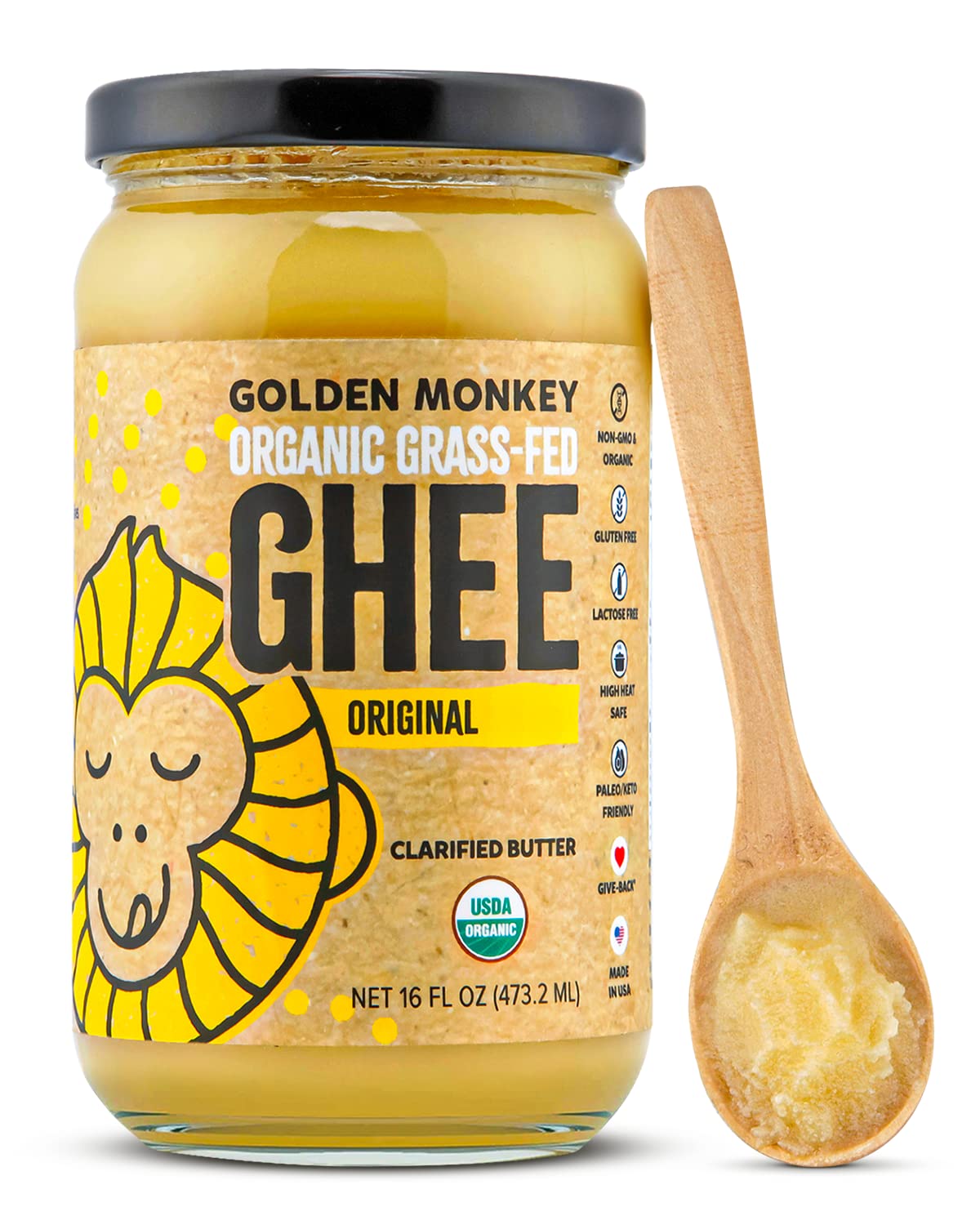 GOLDEN MONKEY Organic Ghee Butter – Grass Fed Clarified Butter for Cooking, Baking