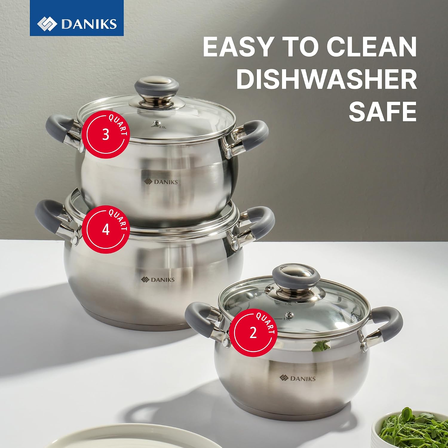 Daniks Modern 4 Quart Stainless Steel Stock Pot with Glass Lid, Tri-Ply Bottom for Even Heating, Induction Compatible, Dishwasher Safe