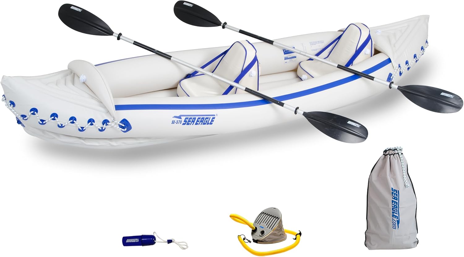 Sea Eagle 370 Pro 3 Person Inflatable Sport Kayak with Pro Package Includes Paddles, Deluxe Seats, Pump