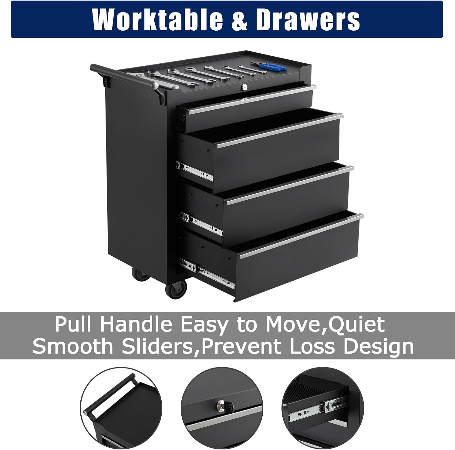 Rolling Tool Chest with Wheels, 5 Drawer Tool Storage Cabinet, Portable Toolbox Organizer with Lock, Heavy Duty Tool Chest Cart for Garage, Mechanic, Workshop, Shop, Mobile Tool Organizer, Black