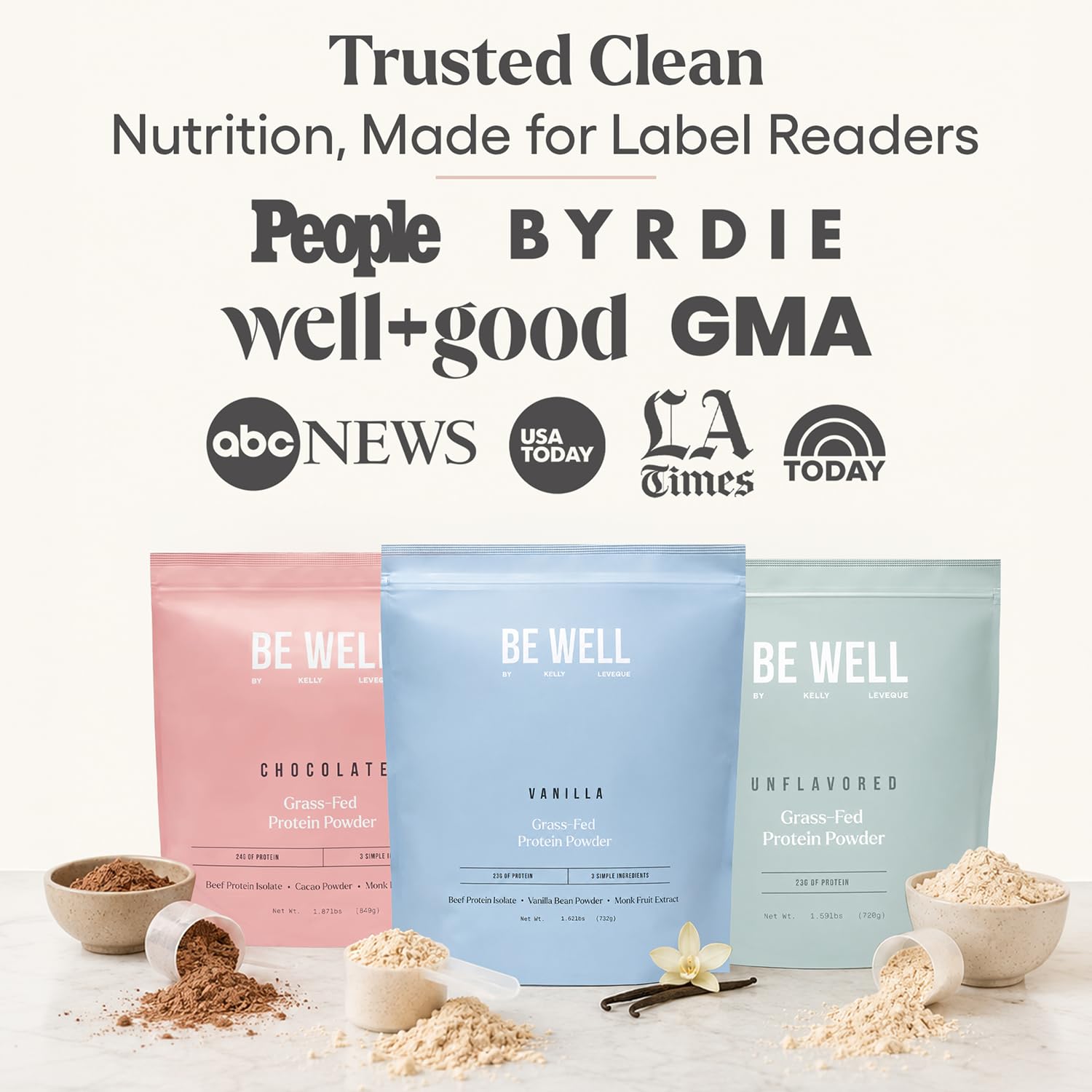 Be Well by Kelly Grass Finished Beef Protein Powder Vanilla Flavor