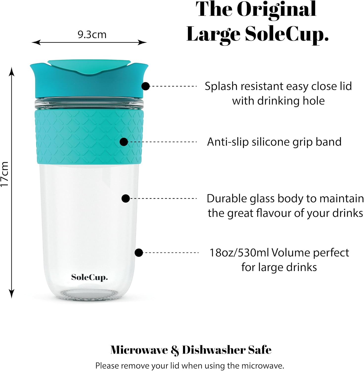 Large Travel Mug - Reusable Glass Coffee Mug - 18oz/530ml BPA-Free Hot Drink Travel Mug with Lid & Silicone Band (Black, 18oz)
