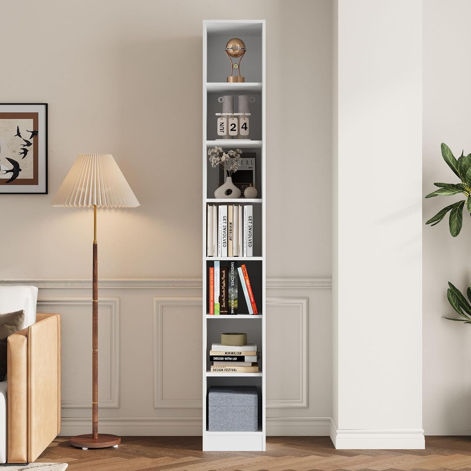 TUSY 85.5 Inch Tall Bookshelf with Doors - 7 Tier Bookcase with Glass Doors and Drawer, 23.6" Wide Storage Cabinet with Open Shelves for Living Room, White Book Shelf for Home Office, Study (AAAA)
