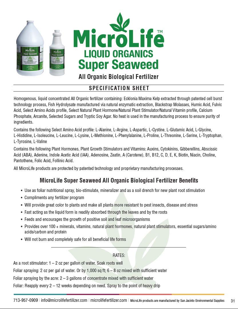 MicroLife Super Seaweed Professional Grade Organic Liquid Concentrate Root Stimulator & Foliar Nutritional Spray for All Plants, 1 Gallon