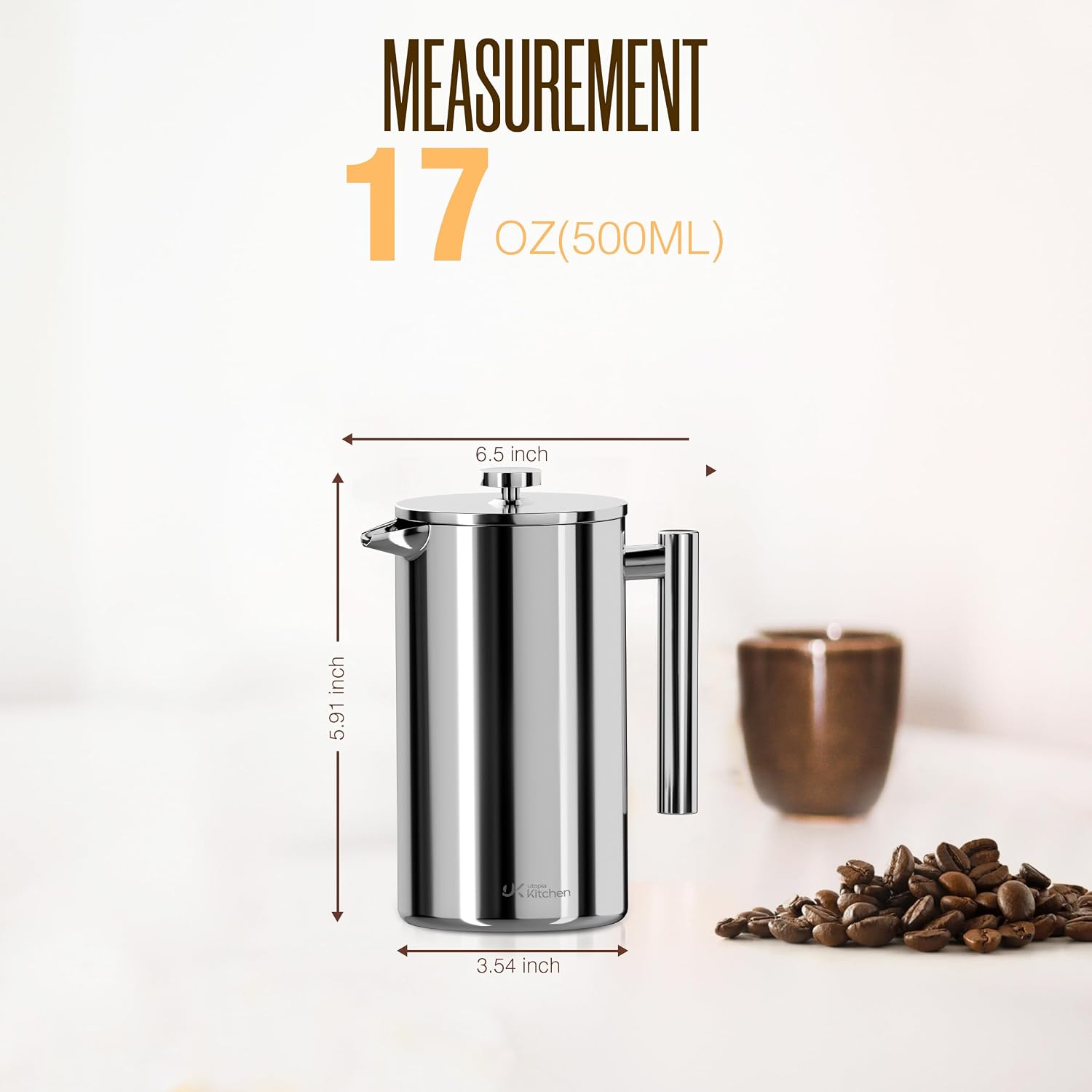 Utopia Kitchen 304 Grade Stainless Steel French Press 34 Oz, Silver | Double Wall Insulated Coffee Press with 4-Level Filtration System, Include 2 Extra Filters, Rust-Free, Dishwasher Safe