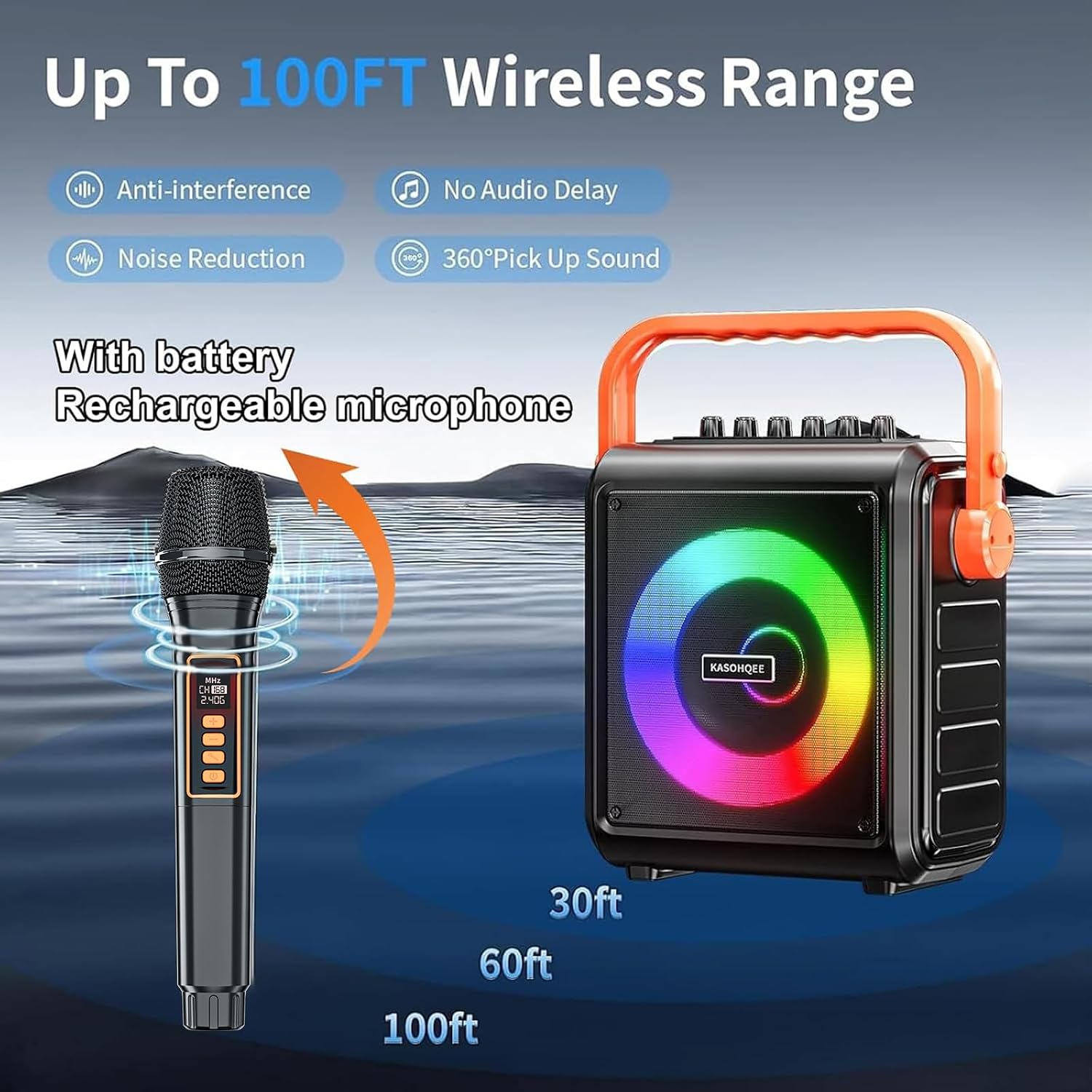 Karaoke Machine with 2 Wireless Microphones for Adults & Kids, 8000mAh Portable Bluetooth Speaker PA System with Lights, Supports AUX in/TF Card/FM/REC, Microphone Speaker Set for Home Party, Outdoor
