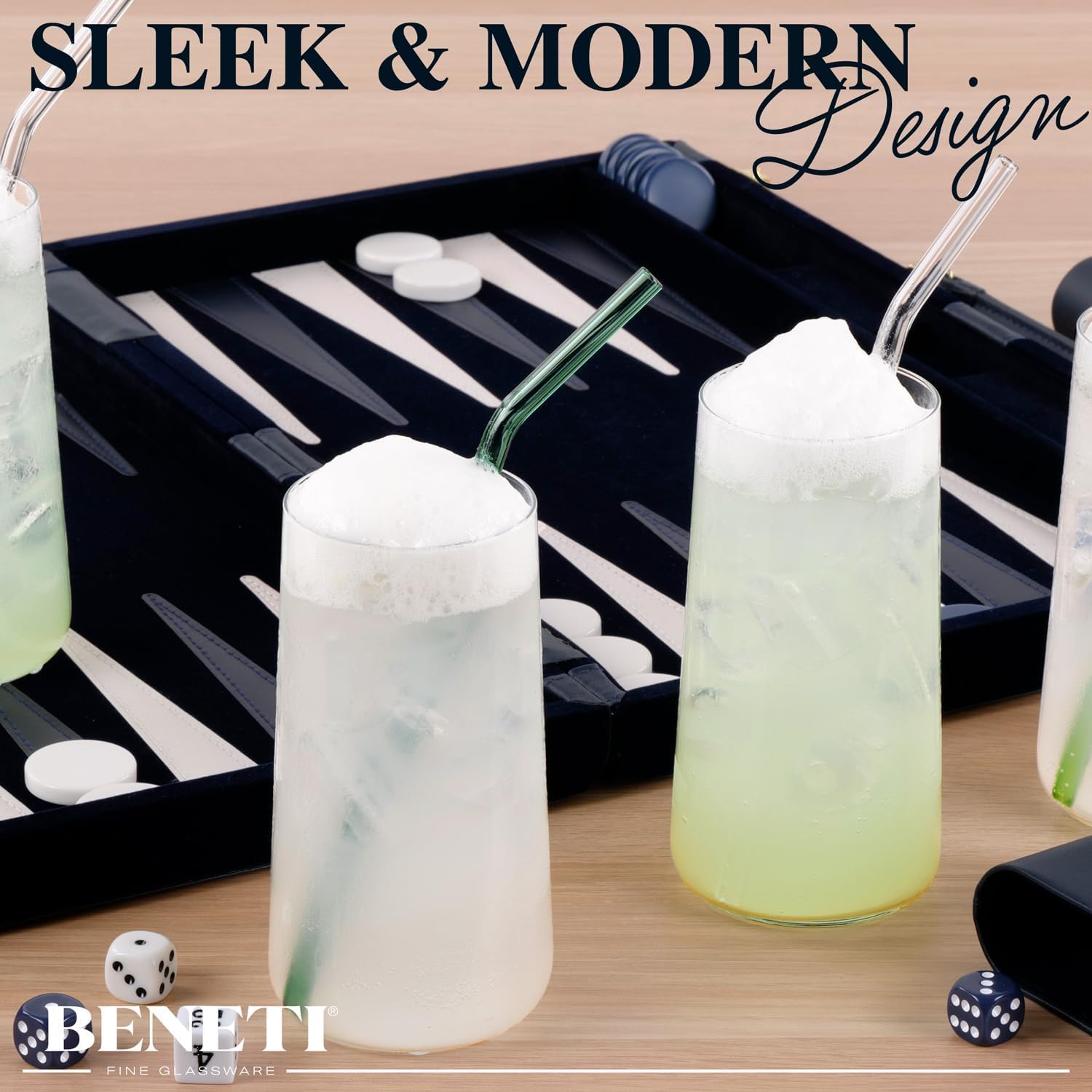 BENETI Modern Tall Drinking Glasses Set of 6 | Handmade In Europe | 18oz Premium Highball Crystal Glass Cups for Water and Juice
