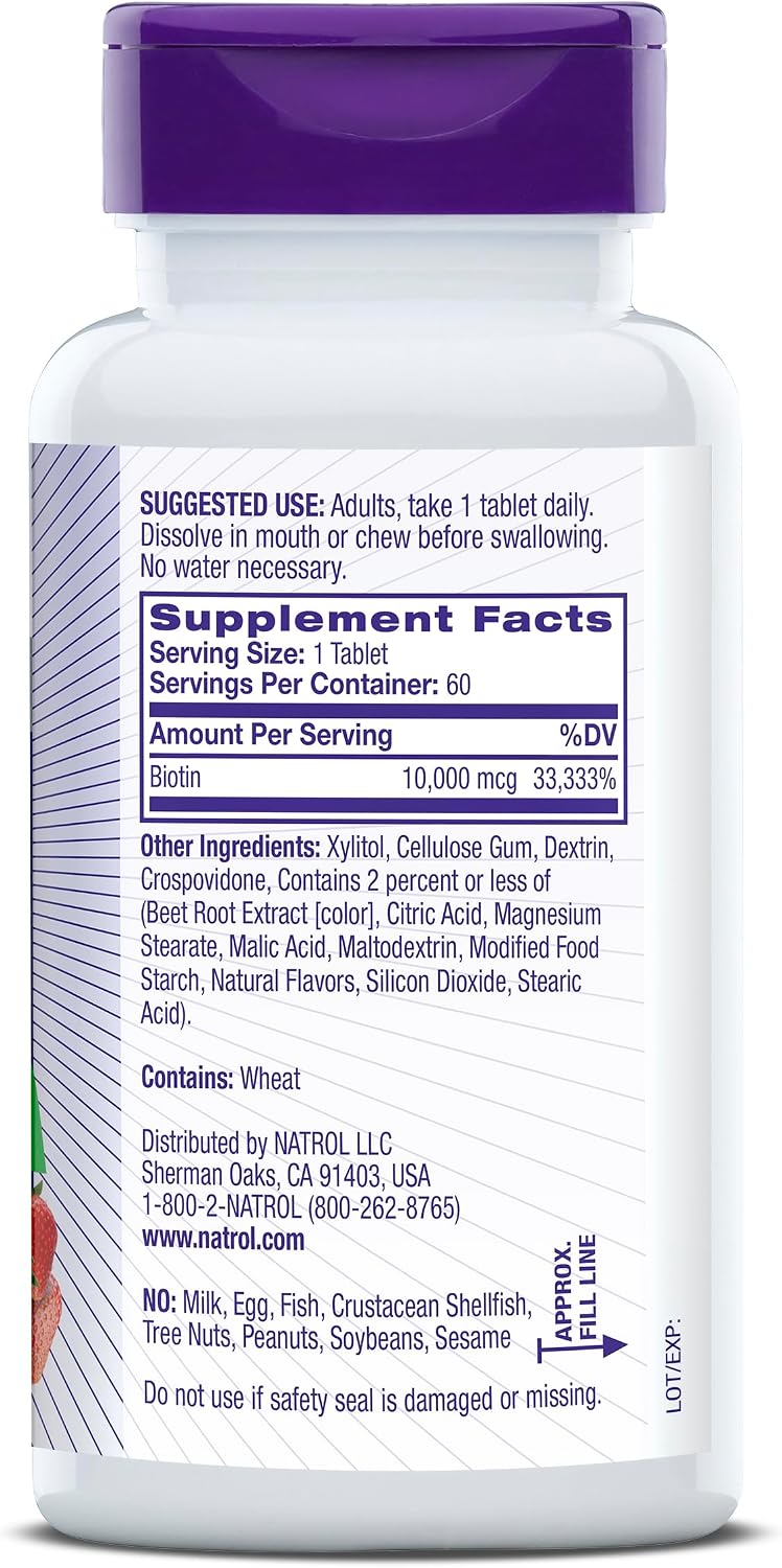 Natrol Biotin 10000mcg, 4X Faster Dissolve Supplement for Healthy Hair, Skin and Nails for Those Low in Biotin, Plus Energy Metabolism Support, 60 Tablets, Up to a 60 Day Supply