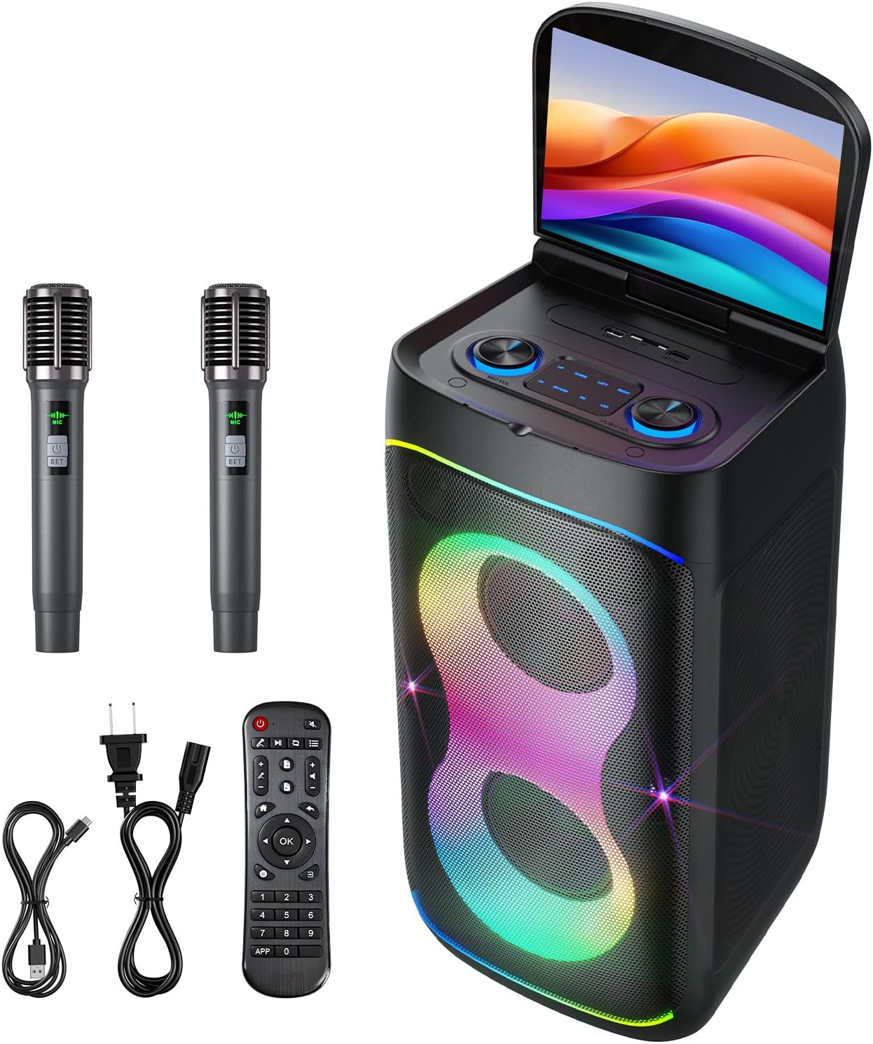 Smart Karaoke Machine with 10.1 Inch Screen, with Lyrics Display, Build-in Karaoke APP, 300W Powerful Speaker, 2 Wireless Microphones