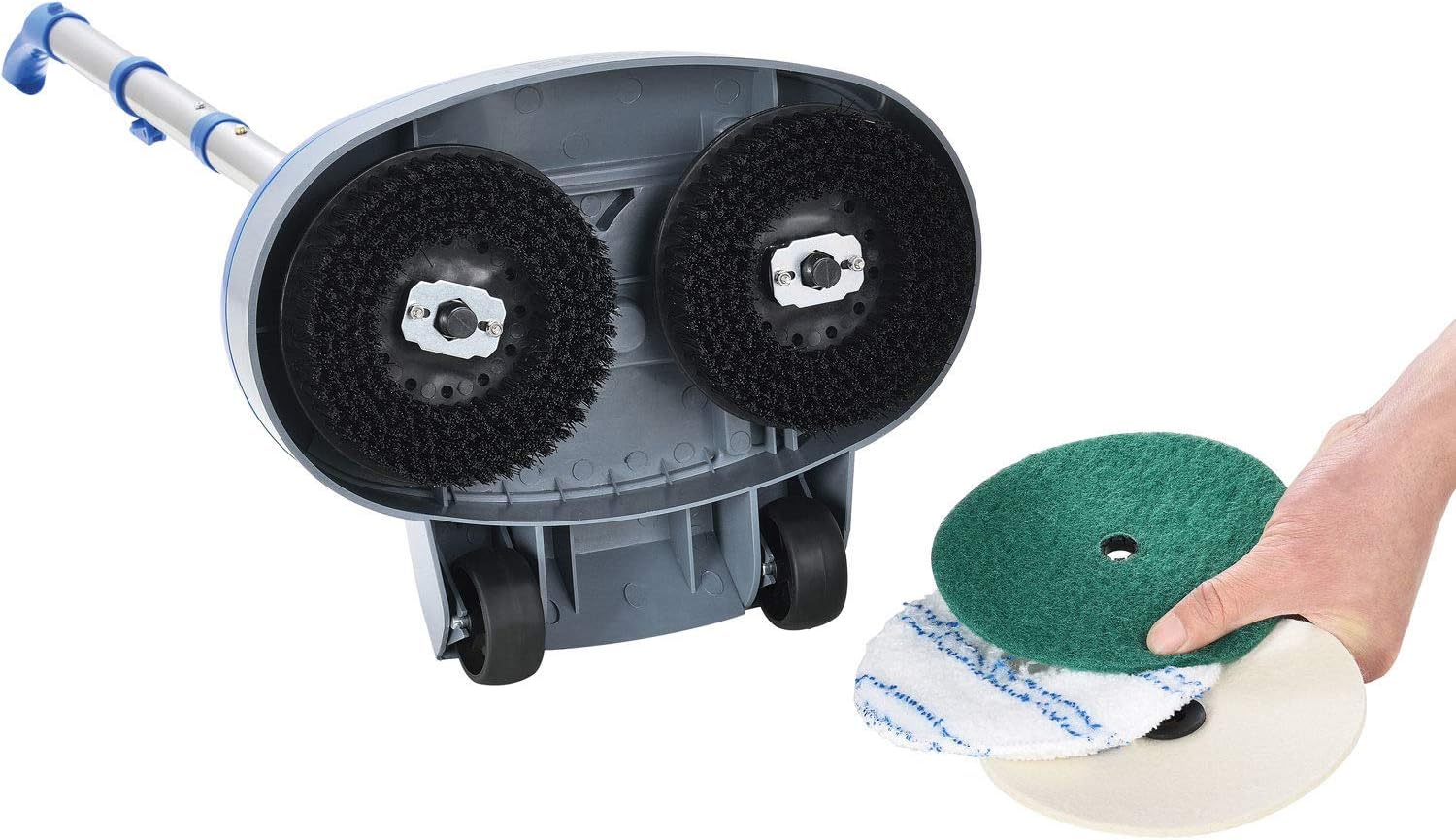 Global Industrial Mini Floor Scrubber With Floor Pads, 11" Cleaning Path | Dual Nylon Scrub Brushes, Cleans & Polishes Tile, Wood