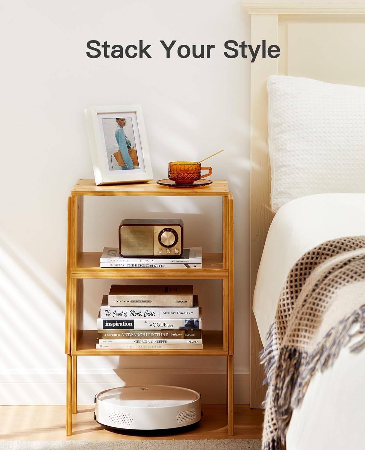Pipishell Nightstands Set of 2, Bamboo Stackable Bedside Table, Night Stands with Storage Shelf, Small Bed Side Tables, 2-Tier End Table for Bedroom