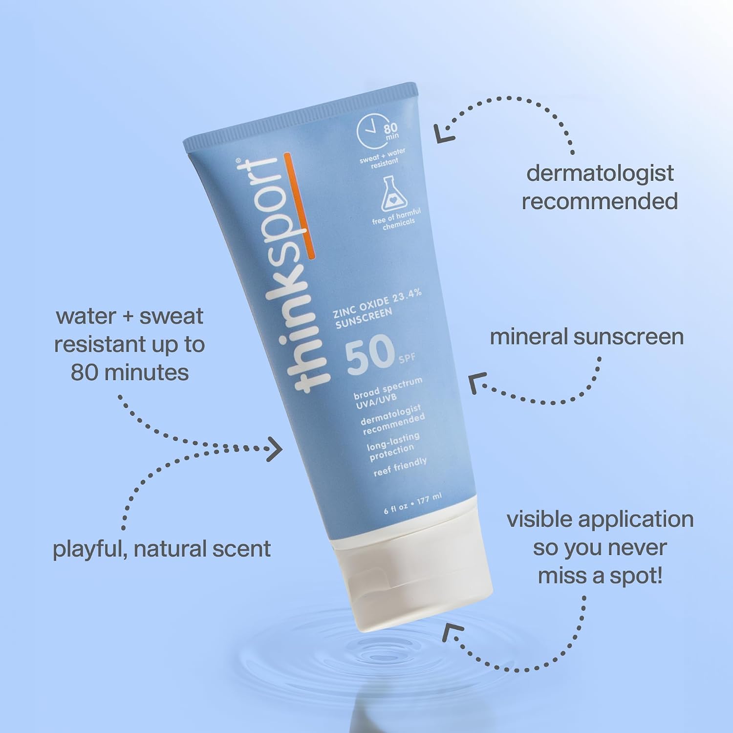 Thinksport Mineral Sunscreen SPF 50+ Zinc Oxide, Water Resistant, 3 Fl Oz