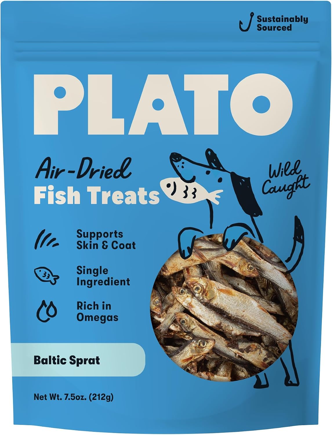 PLATO Single Ingredient Wild-Caught Baltic Sprat Dog Treats, Air-Dried Whole Fish, Omega-Rich Skin & Coat Support, 3 oz
