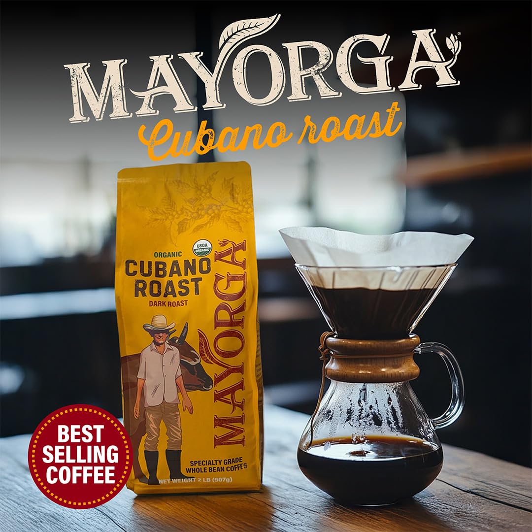 Mayorga Organic Coffee 12oz Cafe Cubano Roast - Dark Roast Whole Bean Coffee Specialty Grade, 100% Arabica, Slow Roasted, Bold and Smooth Flavor with Low Acidity - USDA Organic, Non-GMO, Kosher,