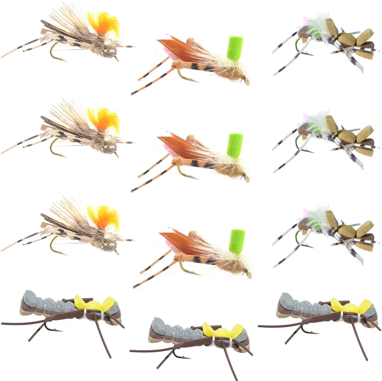 The Fly Fishing Place Trout Fly Assortment - Foam Body High Visibility Grasshopper Dry Fly Collection - 1 Dozen Flies - Hook Size 10 - Fly Fishing