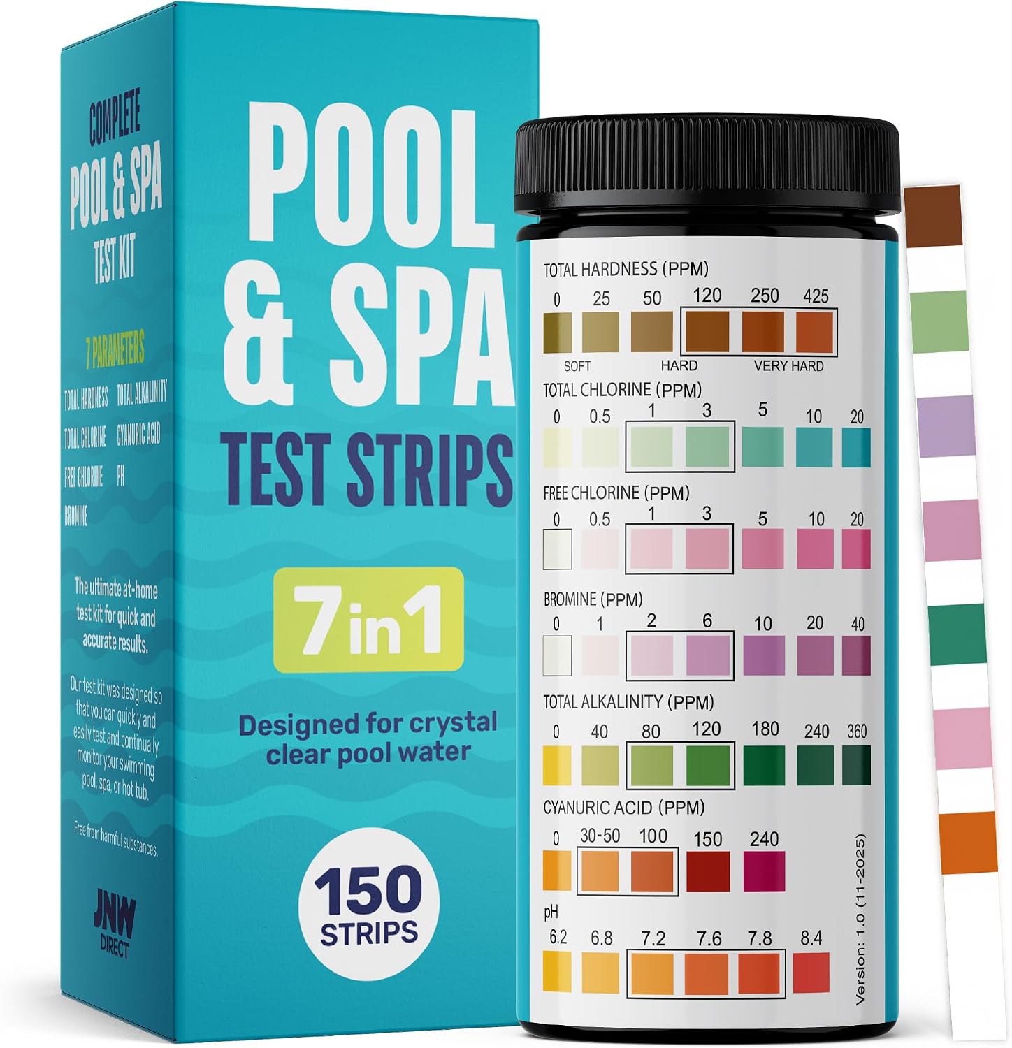 Pool Test Strips for Pools and Spas - 7 in 1 Water Test 100 Pack | Includes 100 pool test strips that measure chlorine, bromine, pH, alkalinity, hardness and cyanuric acid in 30 seconds.