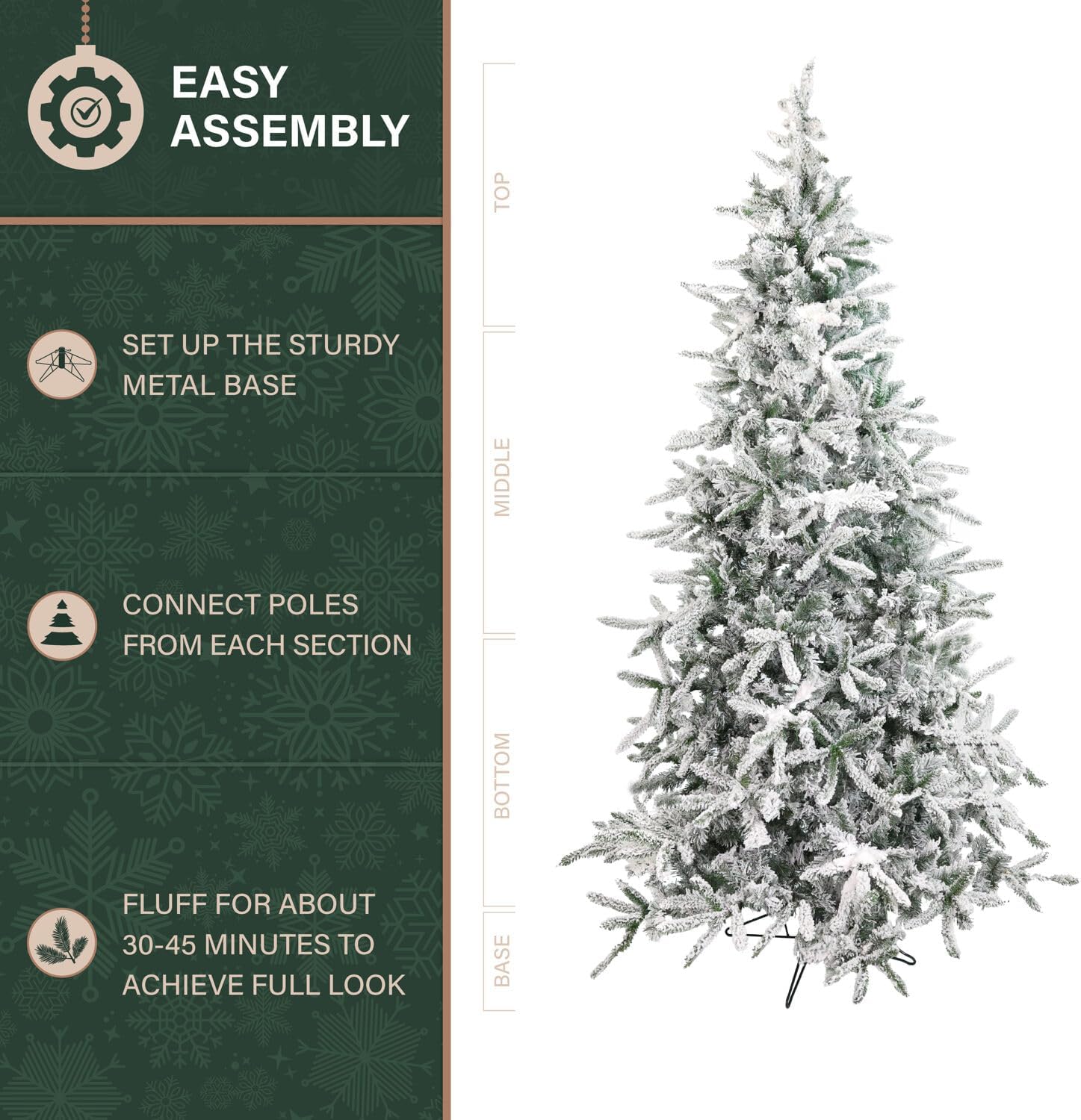 Fraser Hill Farm 7.5-Ft. Mountain Pine Flocked Artificial Christmas Tree with Stand, Unlit Foldable Fake Tree with Realistic Snowy Foliage for Home Decoration