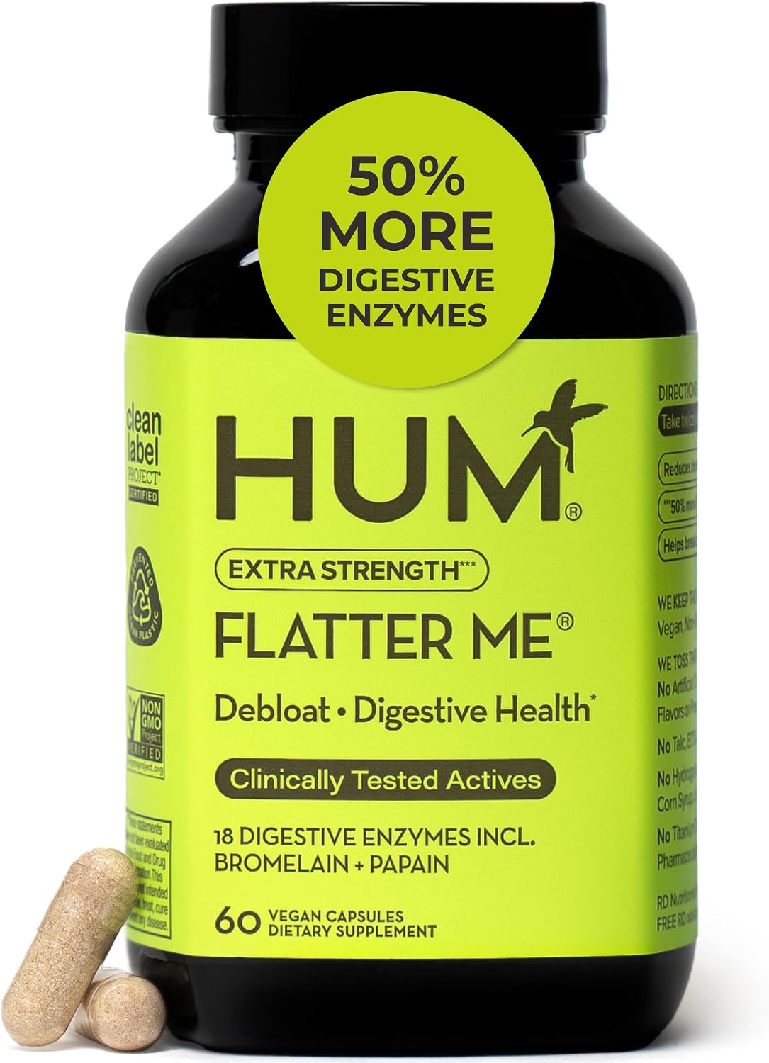 HUM Flatter Me Digestive Enzymes, Digestion & Bloating Support, 60 Count | 18 Digestive Enzymes, Ginger, Peppermint & Fennel, Women & Men, Vegan, Non-GMO, 60 Capsules