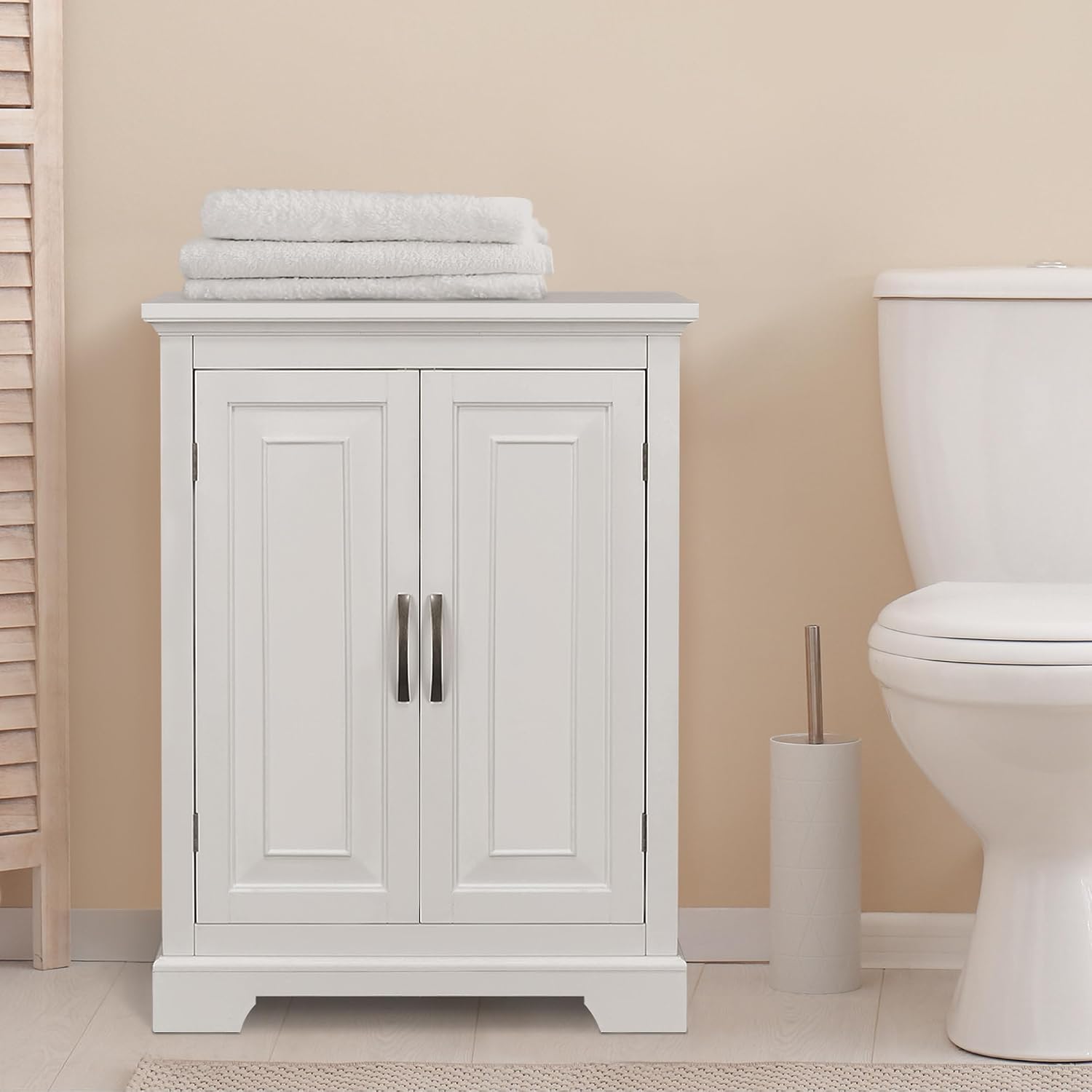 Teamson Home Versailles Wooden Freestanding Floor Storage Cabinet with 2 Adjustable Interior Shelves 3 Storage Spaces and 2 Floral Scroll Doors, White