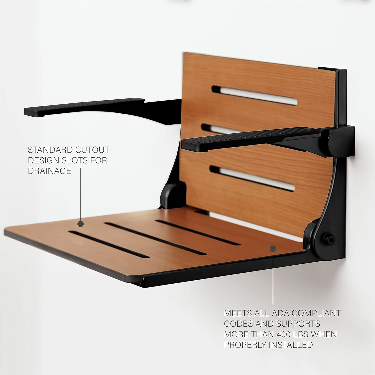 Seachrome Silhouette Comfort Folding Wall Mount Shower Bench Seat with Arms, Teak Seat with Silver Frame