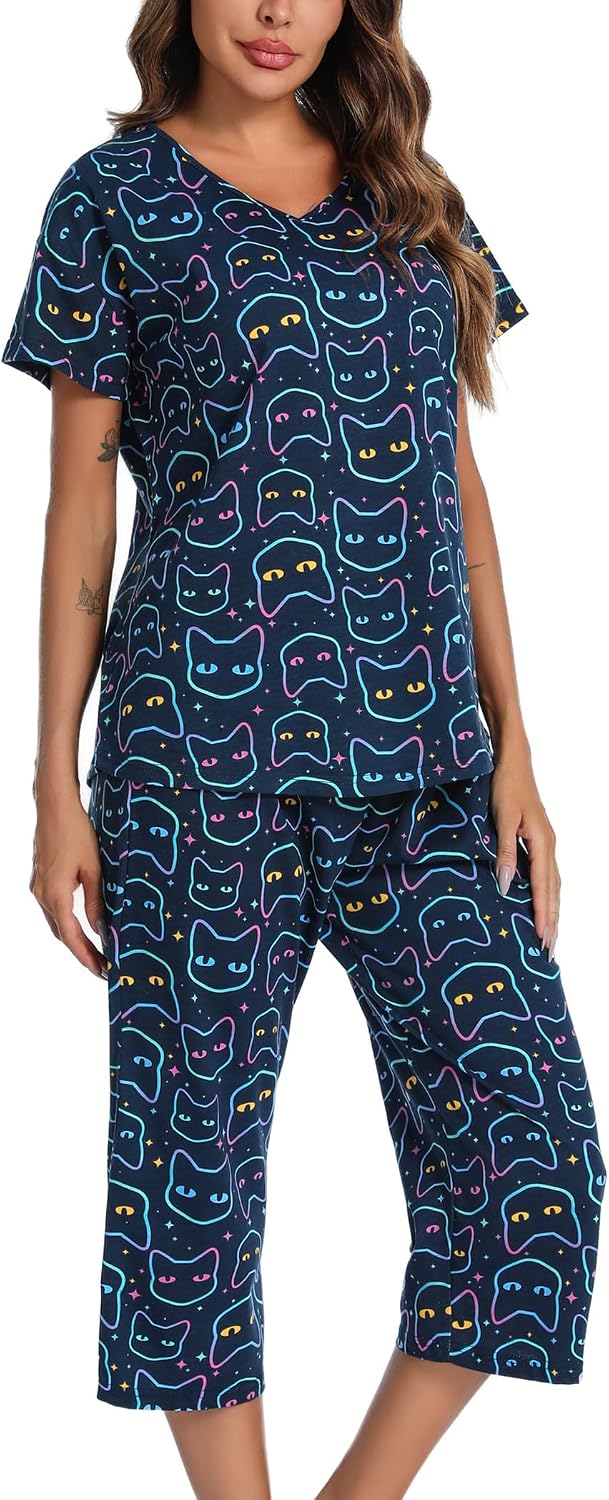 ENJOYNIGHT Womens Pajama Set Cotton Summer Pj Top with Capri Pant Sleepwear