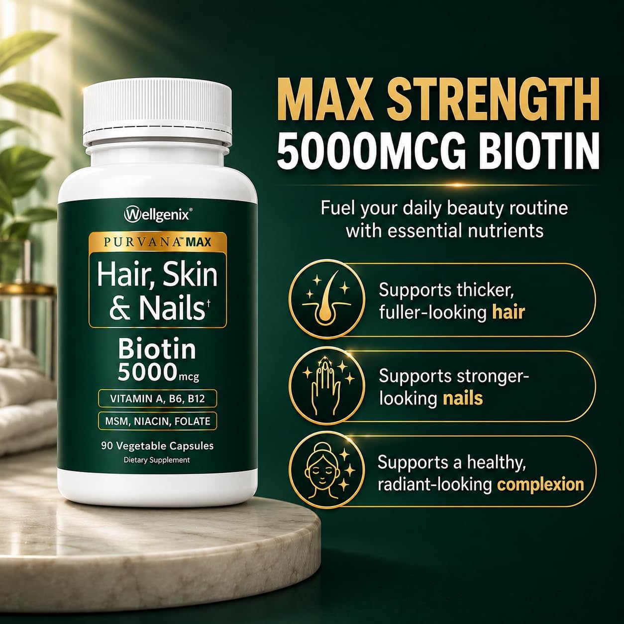 Wellgenix Purvana MAX Hair Skin & Nails Vitamins, Biotin 5000mcg, 90 Count | Biotin, MSM & hyaluronic acid in vegetable capsules for thicker