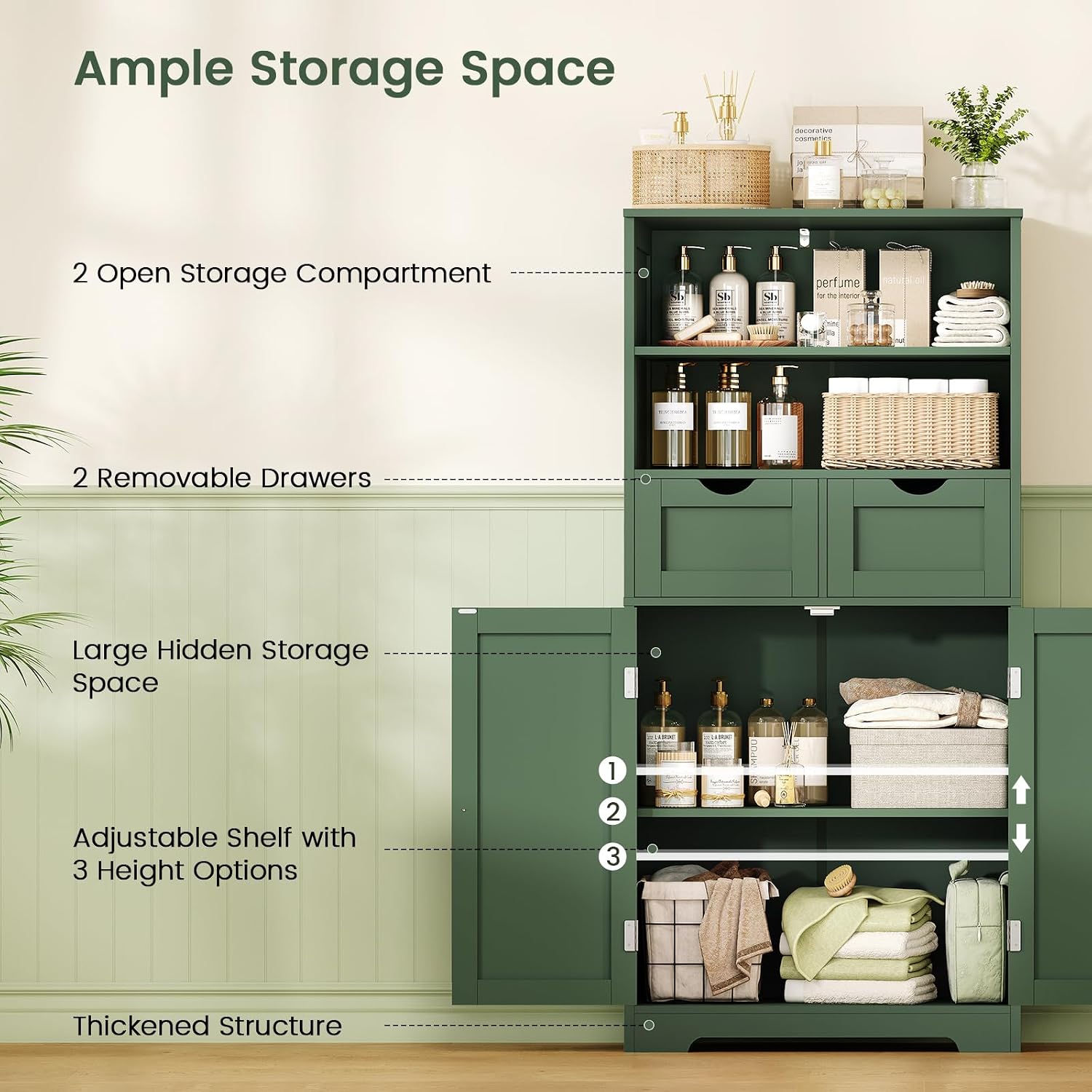 Iwell Storage Cabinet with 2 Drawers & Adjustable Shelves, Cupboard, Floor Cabinet for Living Room, Home Office, Rustic Brown