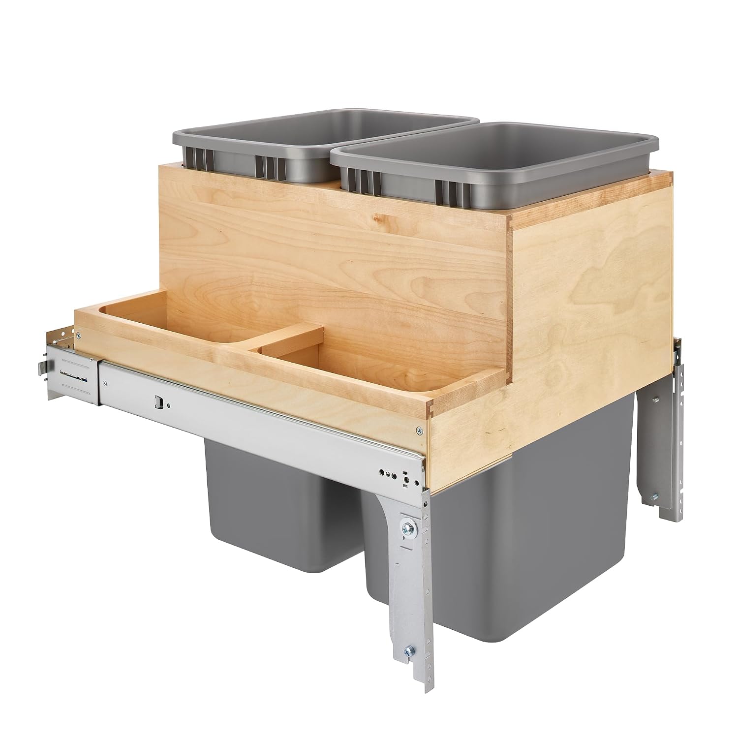 Rev-A-Shelf Double Top-Mount Pullout Trash Can, Min Opening 15" W, 35 Qt | Under Kitchen Cabinet Large Capacity Waste/ Recycling Containers, 150 Lbs Rated Full-Extension Slides, 4WCTM-18BBSCDM2 Silver
