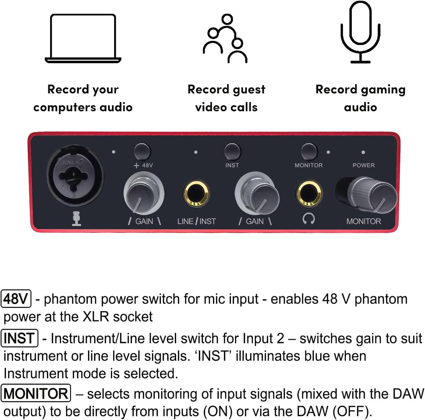 Audio Interface USB Audio Interface with Mic Preamplifier USB Audio Mixer Recorder with 48V Phantom Power, 24 Bit, Support Tablet