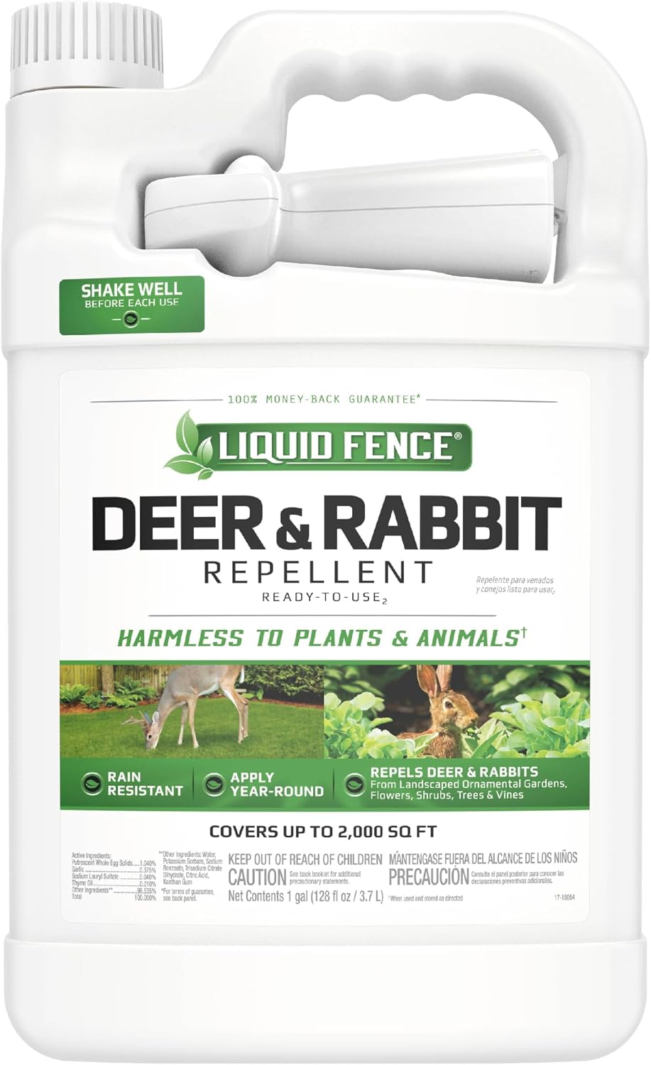 Liquid Fence Deer and Rabbit Repellent Ready-to-Use Spray, 1 Gallon | Use to Treat on Gardens, Flowers, Shrubs, Trees & Vines, Covers up to 2,000 Sq. Ft., Harmless to Plants & Animals