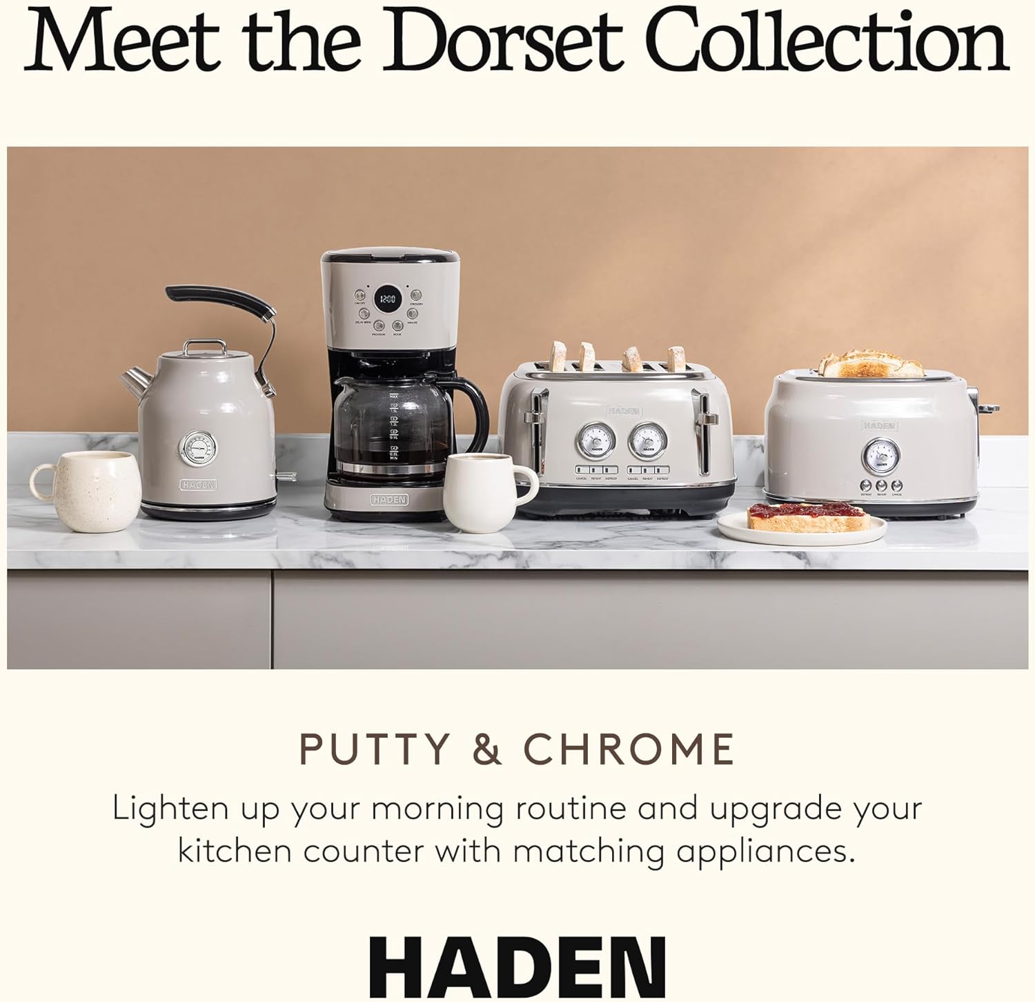 HADEN 12-Cup Programmable Coffee Maker for Home or Office, Putty & Chrome – Drip Brewer Machine with Brew Strength, Delay Brewing