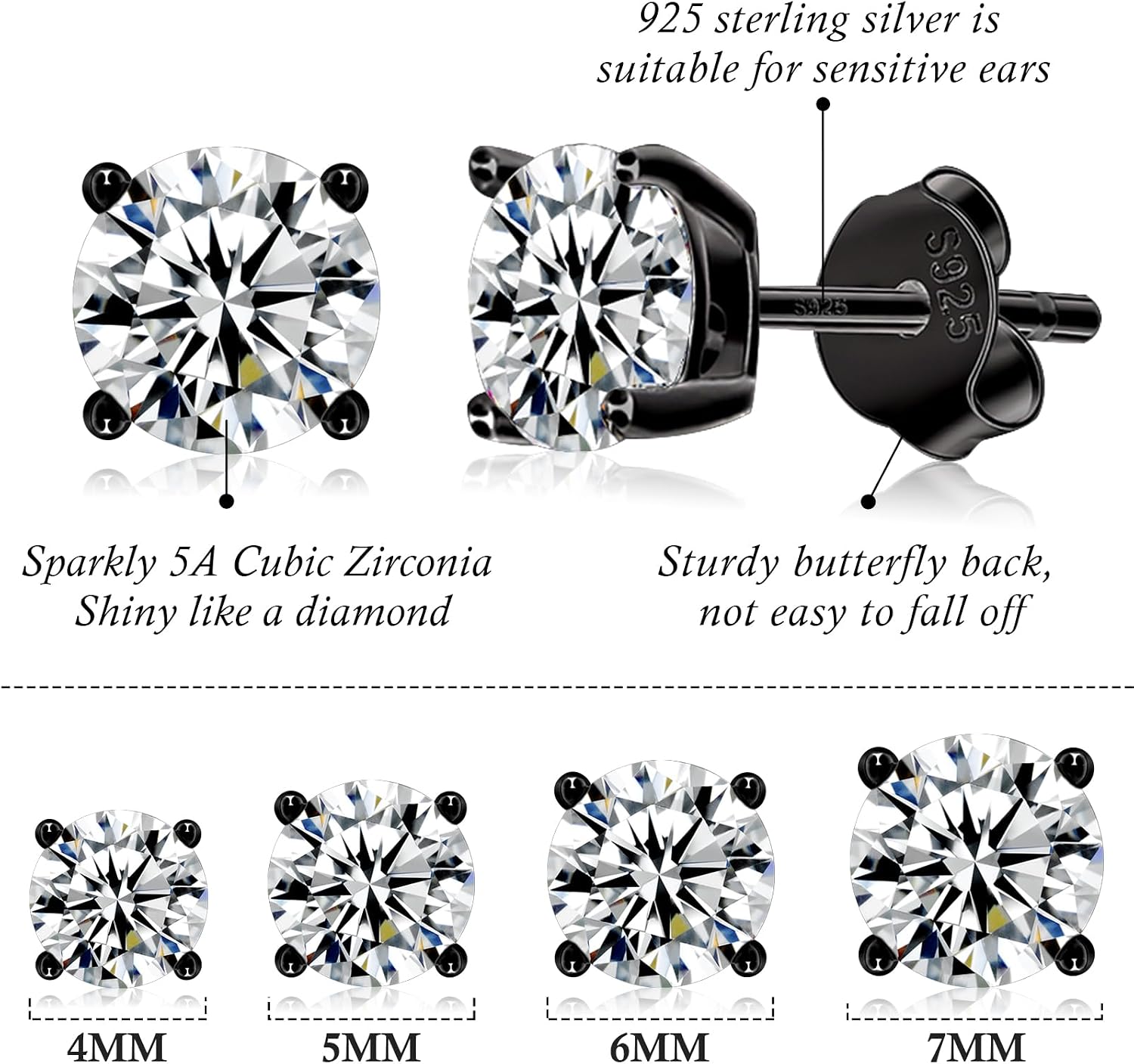 925 Sterling Silver Stud earrings Set | White Gold Plated Hypoallergenic Stud Earrings | Cubic Zirconia Stud Earrings for Women (2mm, 3mm, 4mm, 5mm