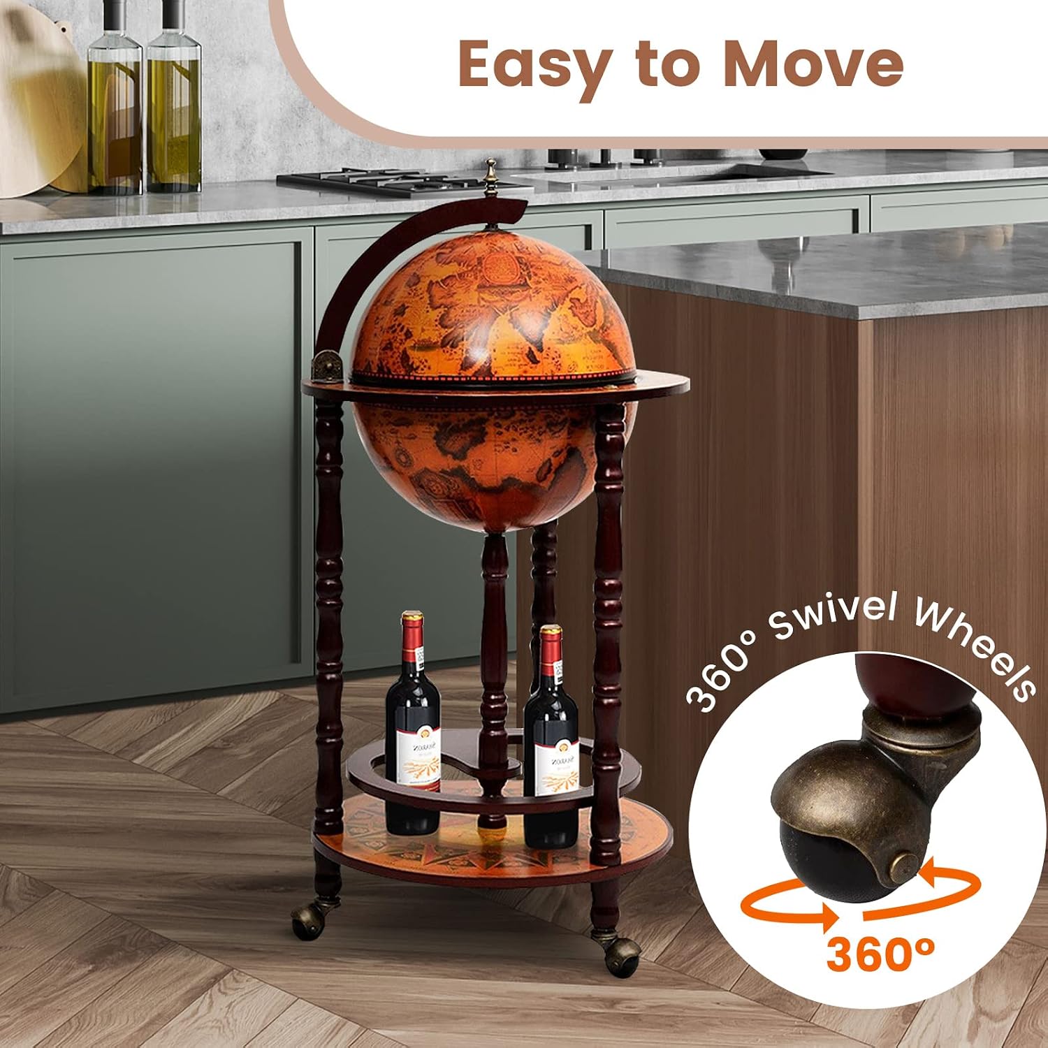 FANTASK 17” Globe Wine Bar Stand Cart, 16th Century Italian Replica Storage Shelf w/Wheels & Bottom Shelf