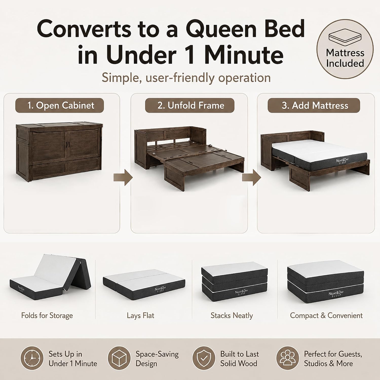 NIGHT & DAY Furniture Murphy Cube Cabinet Bed Pre-Assembled (Cherry, Queen) | Pre-Assembled