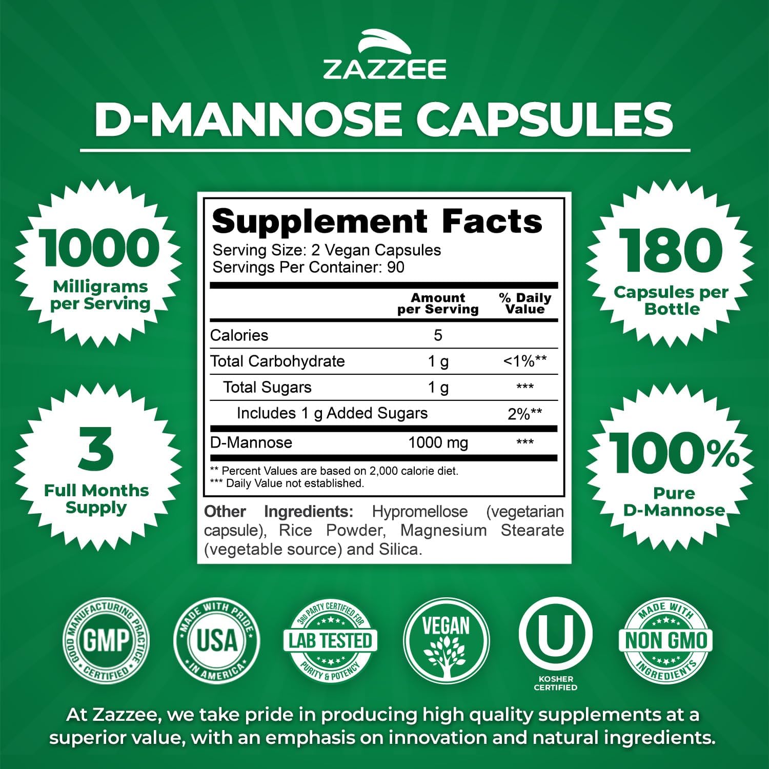 Zazzee D-Mannose, 1000 mg per Serving, 180 Vegan Capsules, 3 Month Supply | Potent & Fast-Acting, Certified Kosher, 100% Pure, All-Natural Urinary Tract Health Support, 100% Vegetarian, Non-GMO
