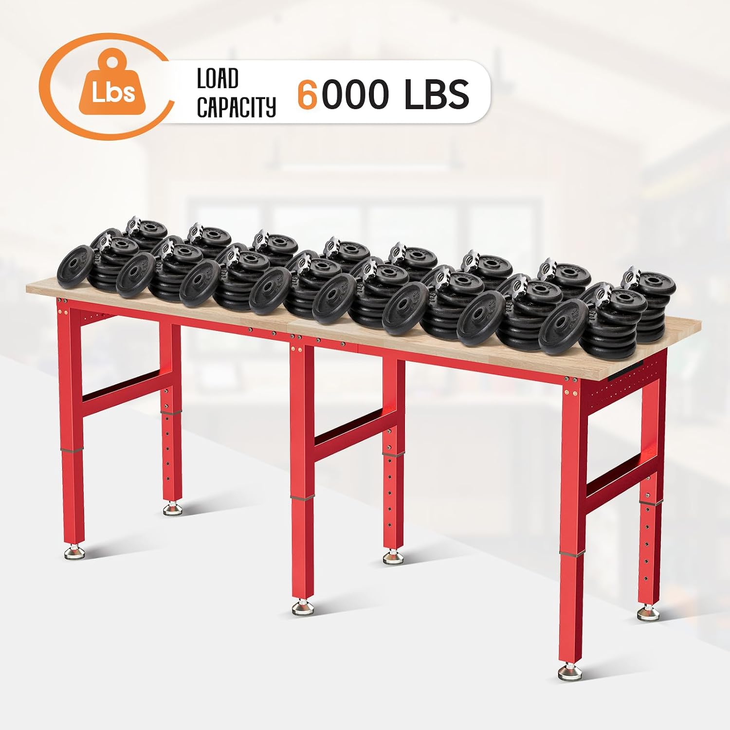 SPECRAFT Adjustable Black Heavy-Duty Workbench | 2000 Lbs Capacity, Rubber Wood Top, 4 AC Outlets and 2 USB Ports, for Garage, Workshop and Office