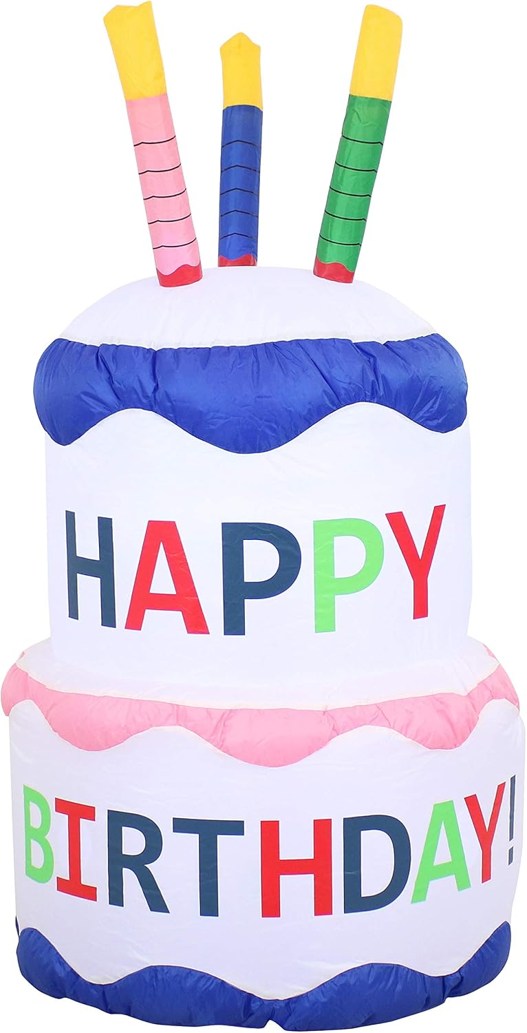 Sunnydaze 4-Foot Happy Birthday Cake Inflatable Decoration - Fan Blower and LED Lights