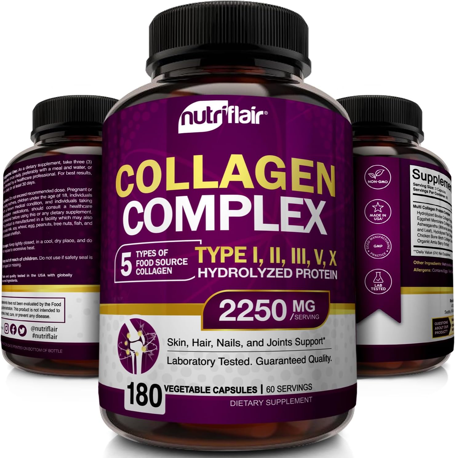 NutriFlair Multi Collagen Peptides 2250mg - Type I, II, III, V, X - Collagen Supplements Complex Powder Pills for Women and Men - Hydrolyzed Protein